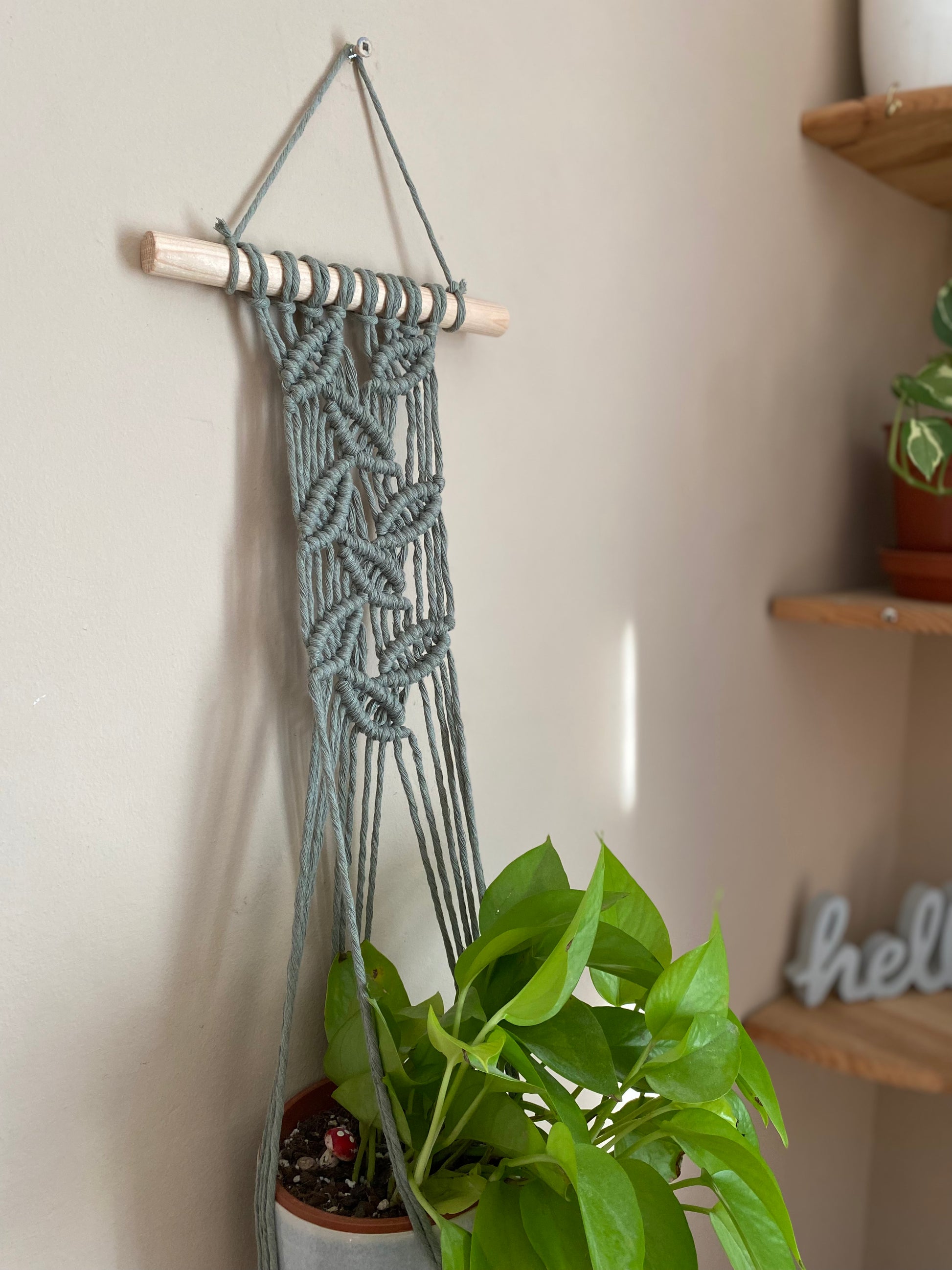 Close up view of the intricate knotted leaf pattern on the top of a sage green wall hanging macrame plant hanger