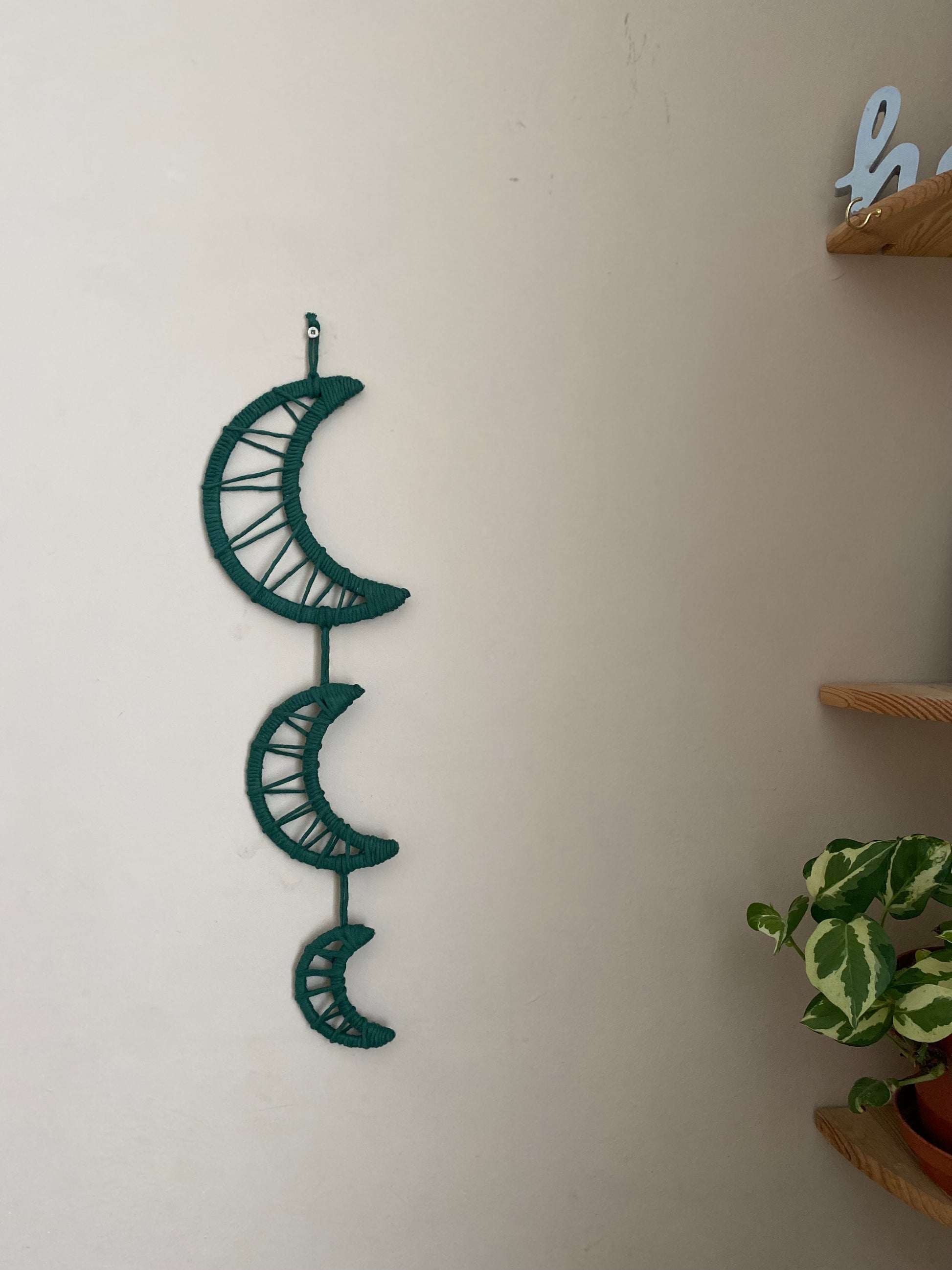 Handmade macramé wall hanging featuring three moon shapes hanging one under the other, made with dark green yarns. In the corner is a set of shelves with houseplants on.