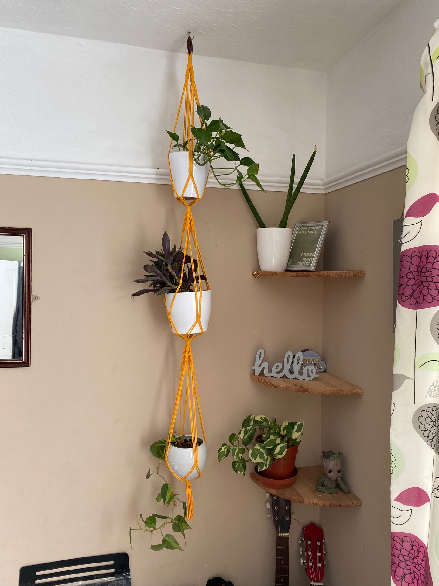 Three green plants in ceramic plant pots, hang vertically in a handmade macrame triple plant hanger, made with bright yellow coloured yarn, suspended from the ceiling with a wooden ring.