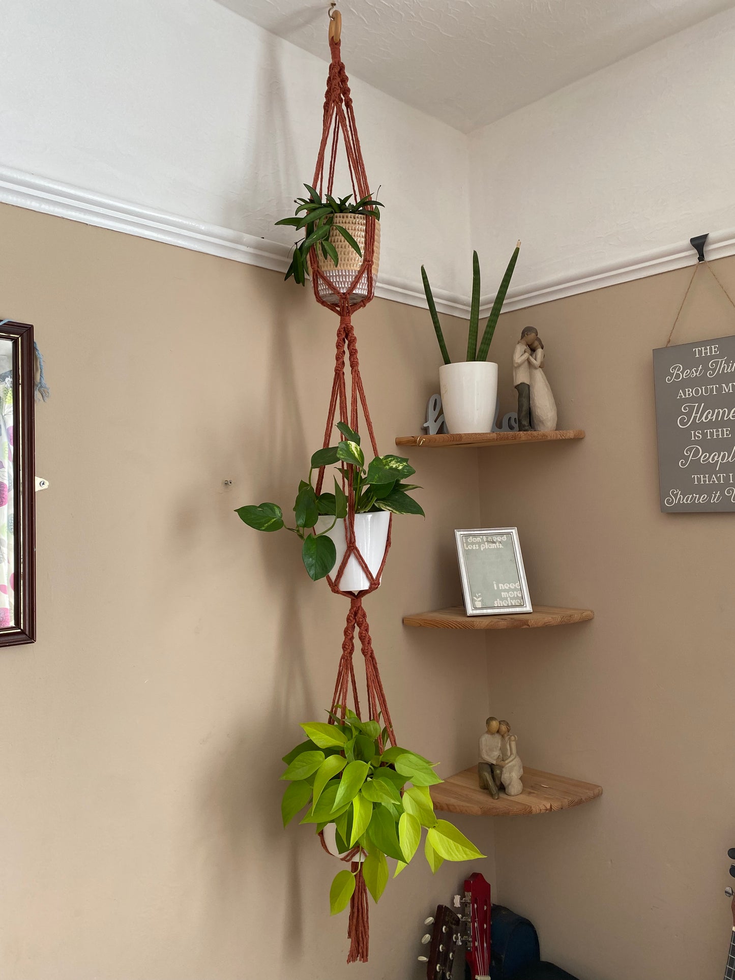 Three green plants in ceramic plant pots, hang vertically in a handmade macrame triple plant hanger, made with terracotta coloured yarn, suspended from the ceiling with a wooden ring.