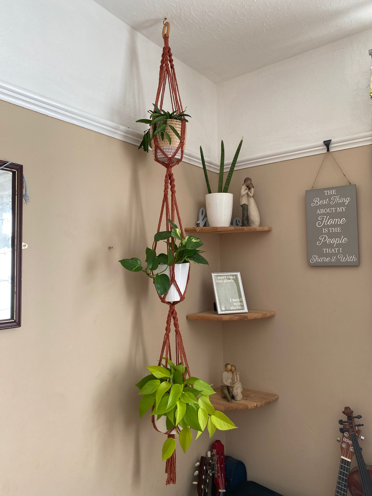 Three green plants in ceramic plant pots, hang vertically in a handmade macrame triple plant hanger, made with terracotta coloured yarn, suspended from the ceiling with a wooden ring. In the background there is a set of wooden corner shelves with ornaments on.