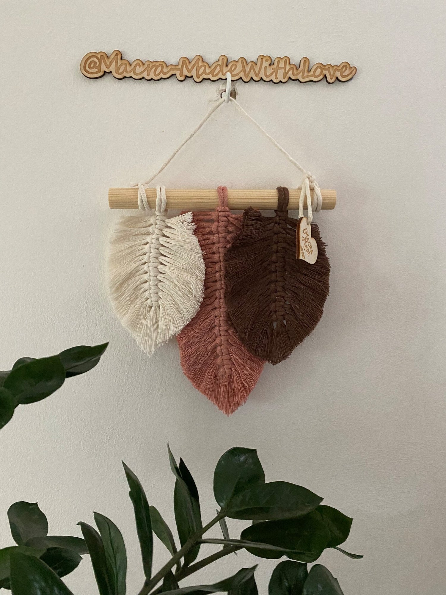 Handmade macrame wall hanging, in the shape of feathers, made with natural, pink and brown cotton yarn, on a small wooden dowel, hanging against a white wall with a green leafy plant below.