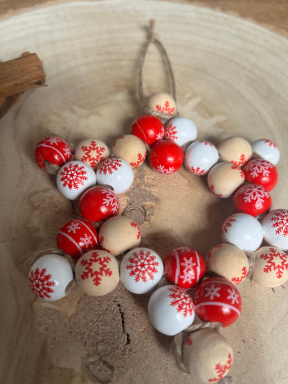 Jute Star Christmas Ornament – Red & White Wooden Beads