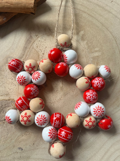 Jute Star Christmas Ornament – Red & White Wooden Beads