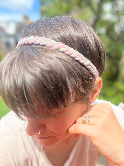 Sustainable rainbow plaited narrow stretch headband - one size