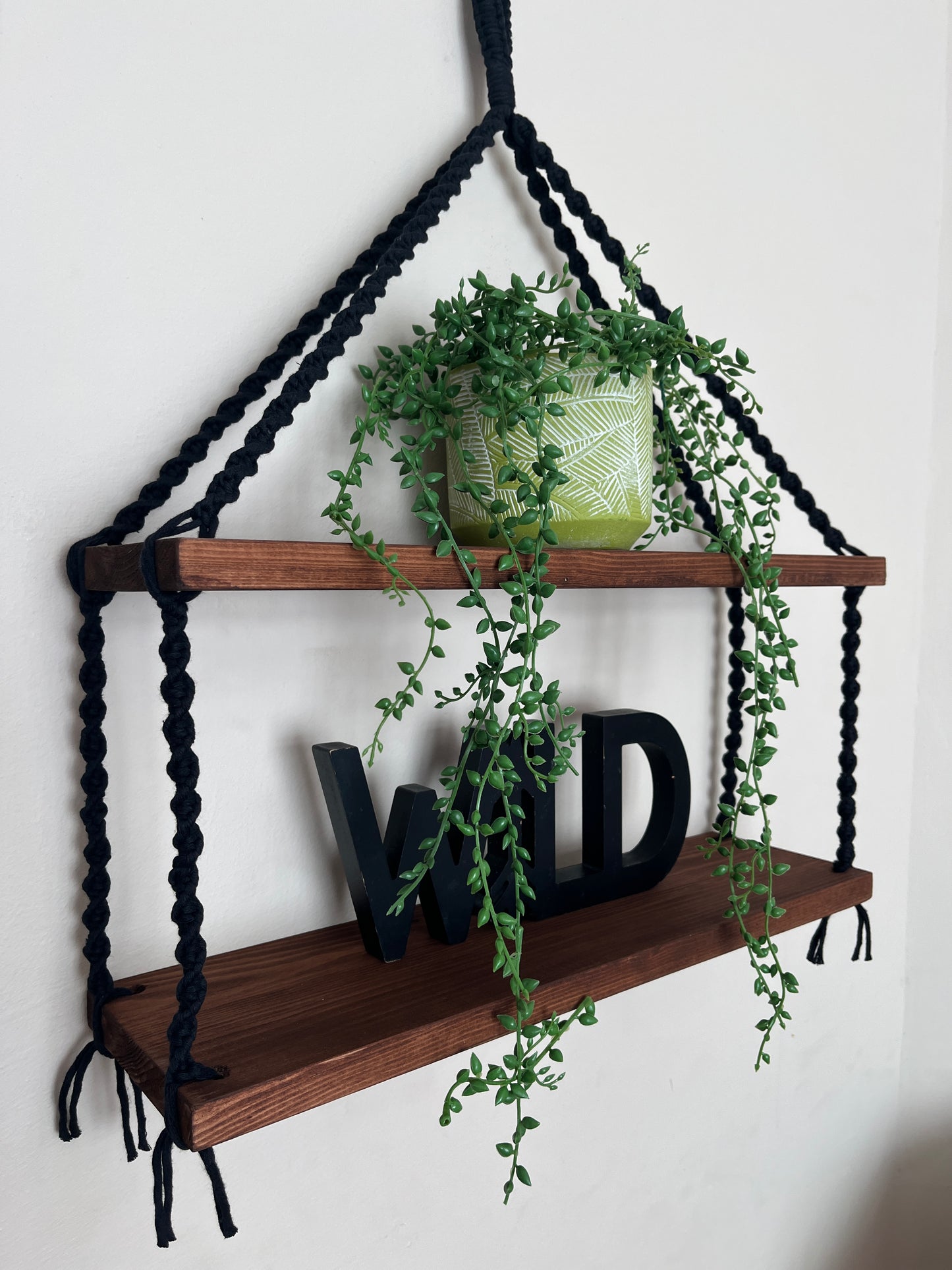 Macramé Double Hanging Shelf with Rosewood Pine Wood