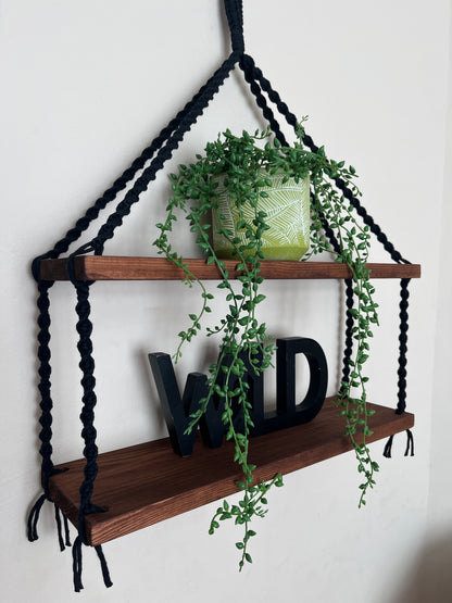 Macramé Double Hanging Shelf with Rosewood Pine Wood