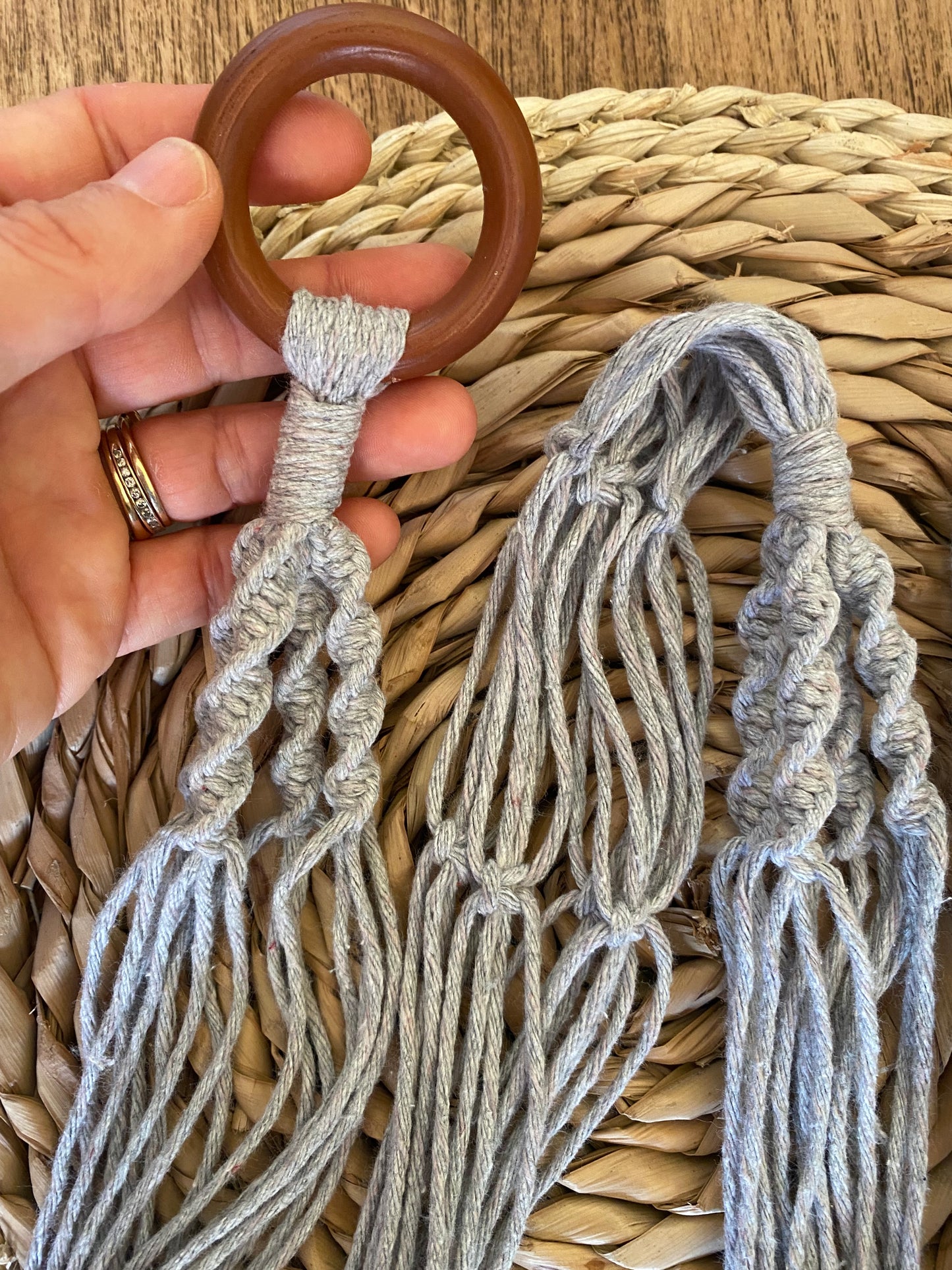 Macra-Made With Love double macrame plant hanger grey flat ring detail