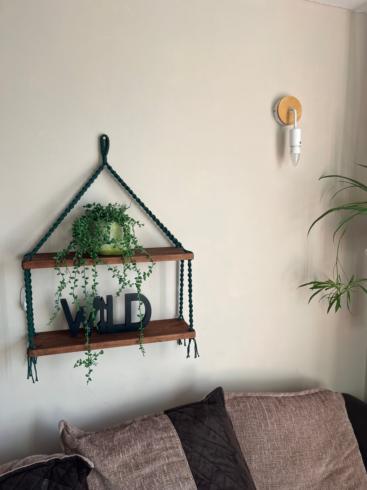 Macramé Double Hanging Shelf with Rosewood Pine Wood