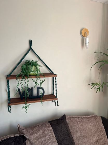 Macramé Double Hanging Shelf with Rosewood Pine Wood