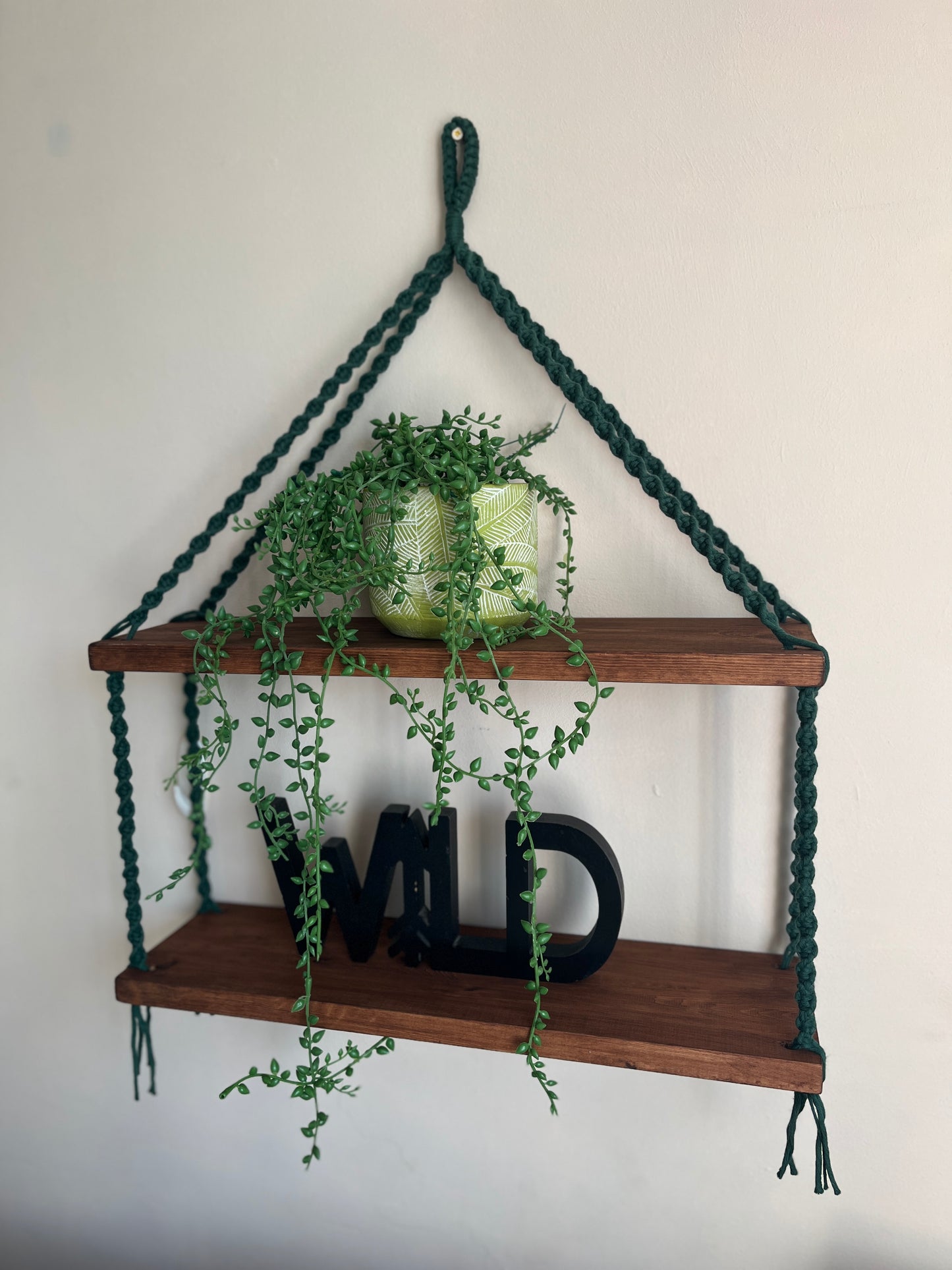 Macramé Double Hanging Shelf with Rosewood Pine Wood