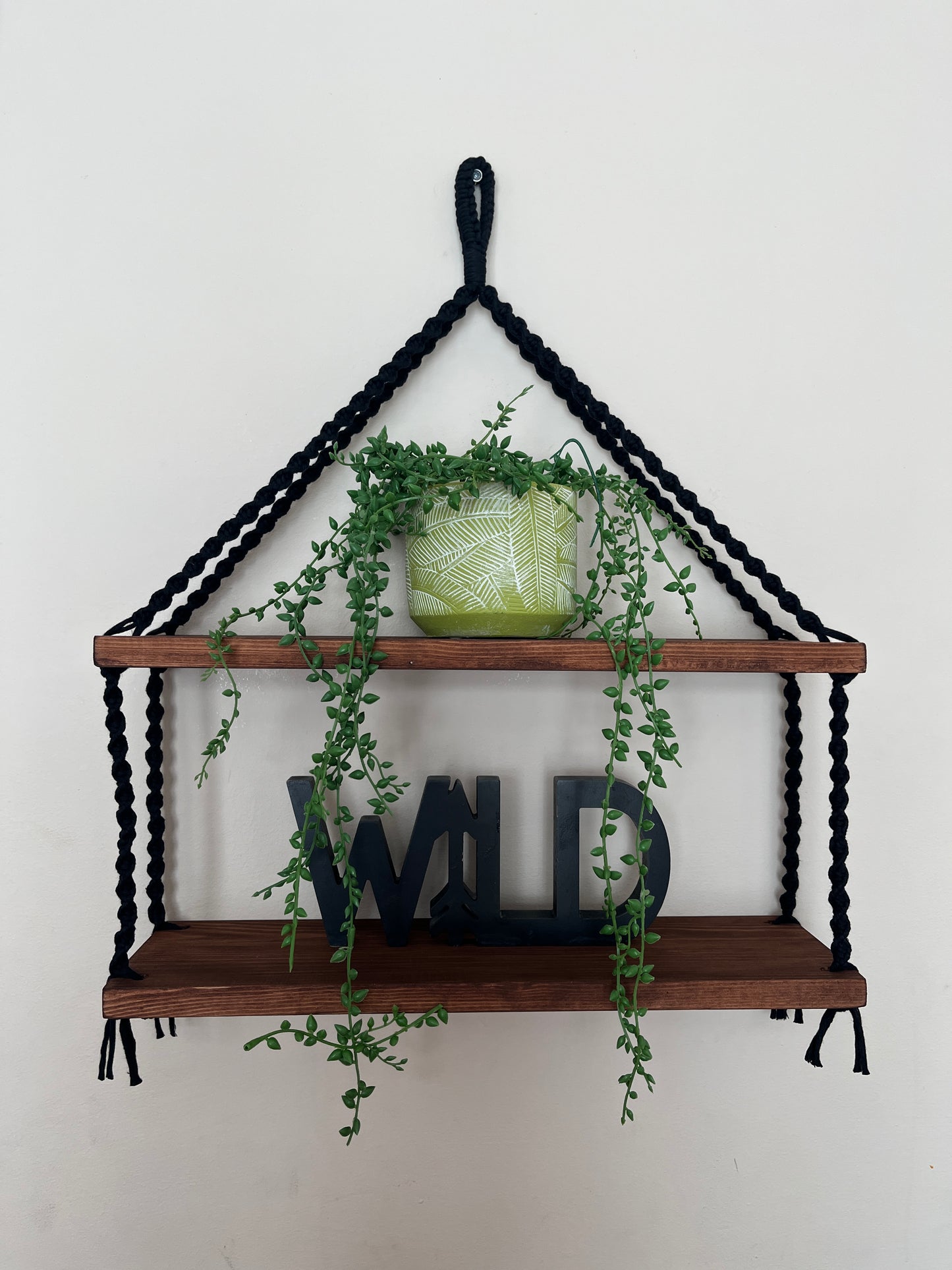 Macramé Double Hanging Shelf with Rosewood Pine Wood