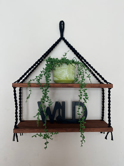 Macramé Double Hanging Shelf with Rosewood Pine Wood