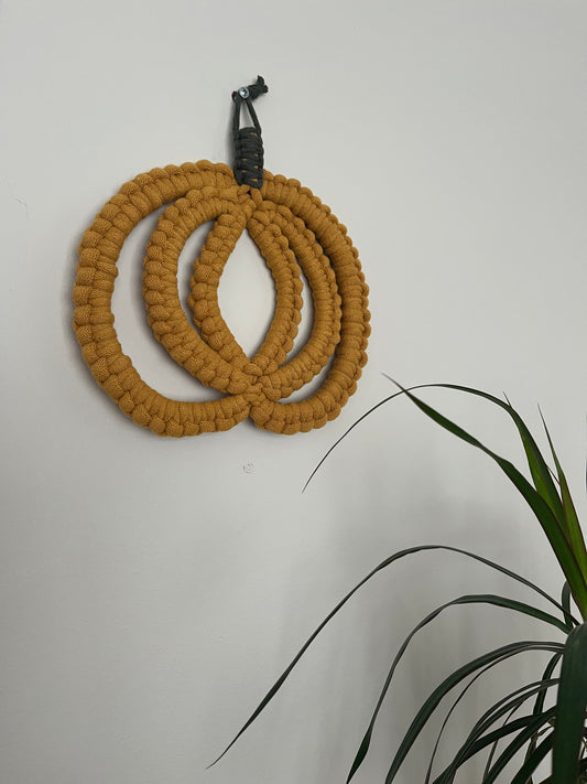 Handmade Chunky Macramé Pumpkin Wall Hanger – Eco Friendly Autumn Decor in Mustard Yellow