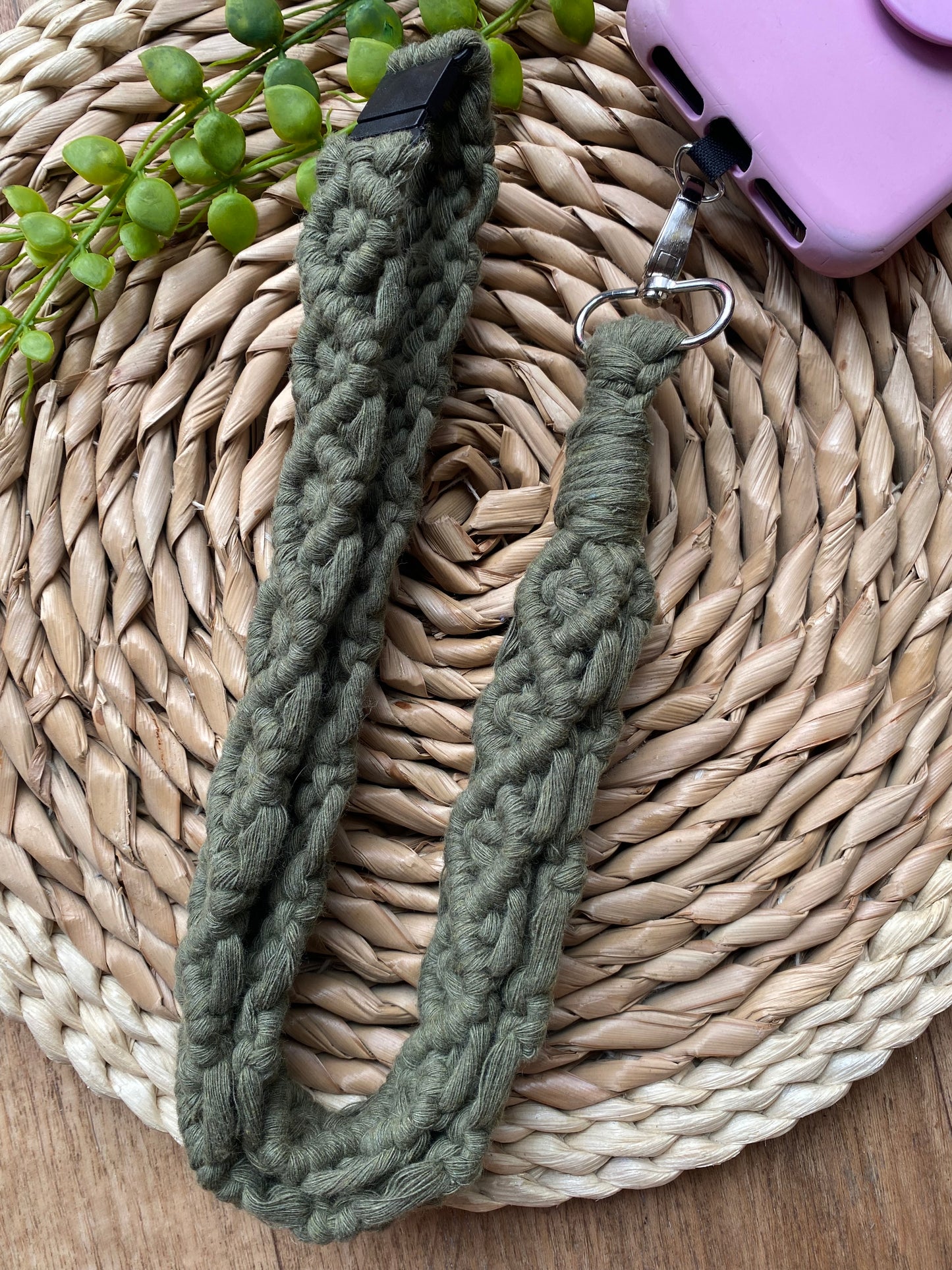 Macra-Made With Love chunky phone lanyard olive green flat lay