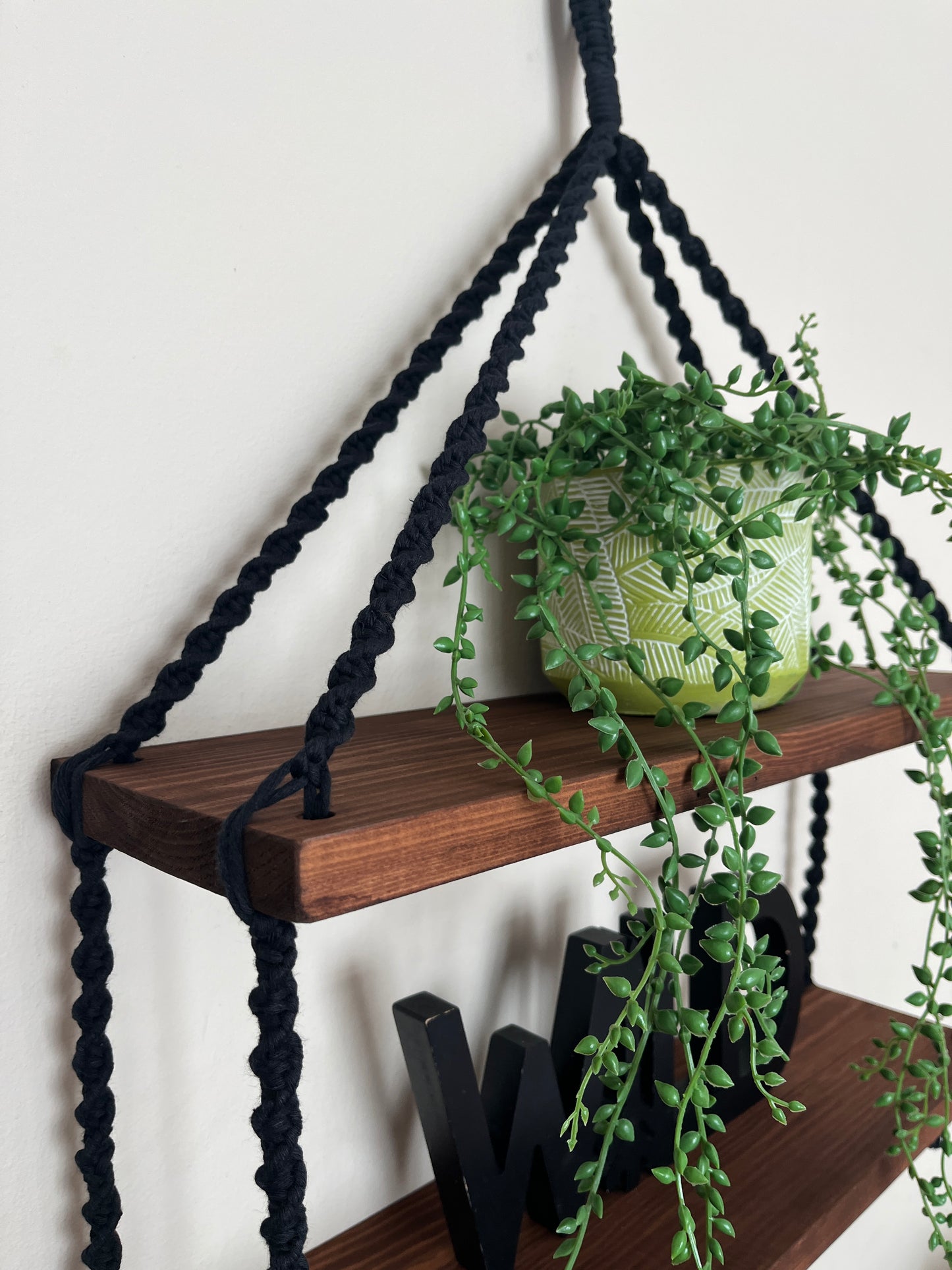 Macramé Double Hanging Shelf with Rosewood Pine Wood