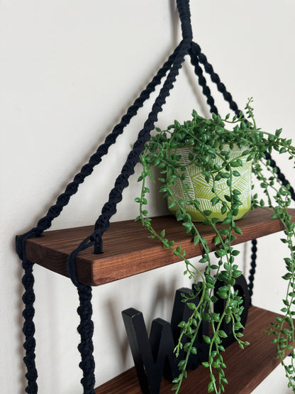 Macramé Double Hanging Shelf with Rosewood Pine Wood