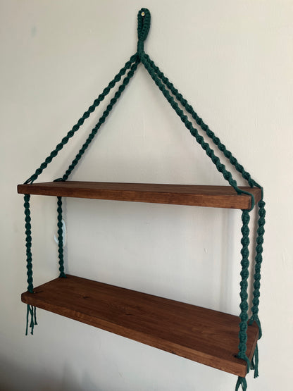 Macramé Double Hanging Shelf with Rosewood Pine Wood