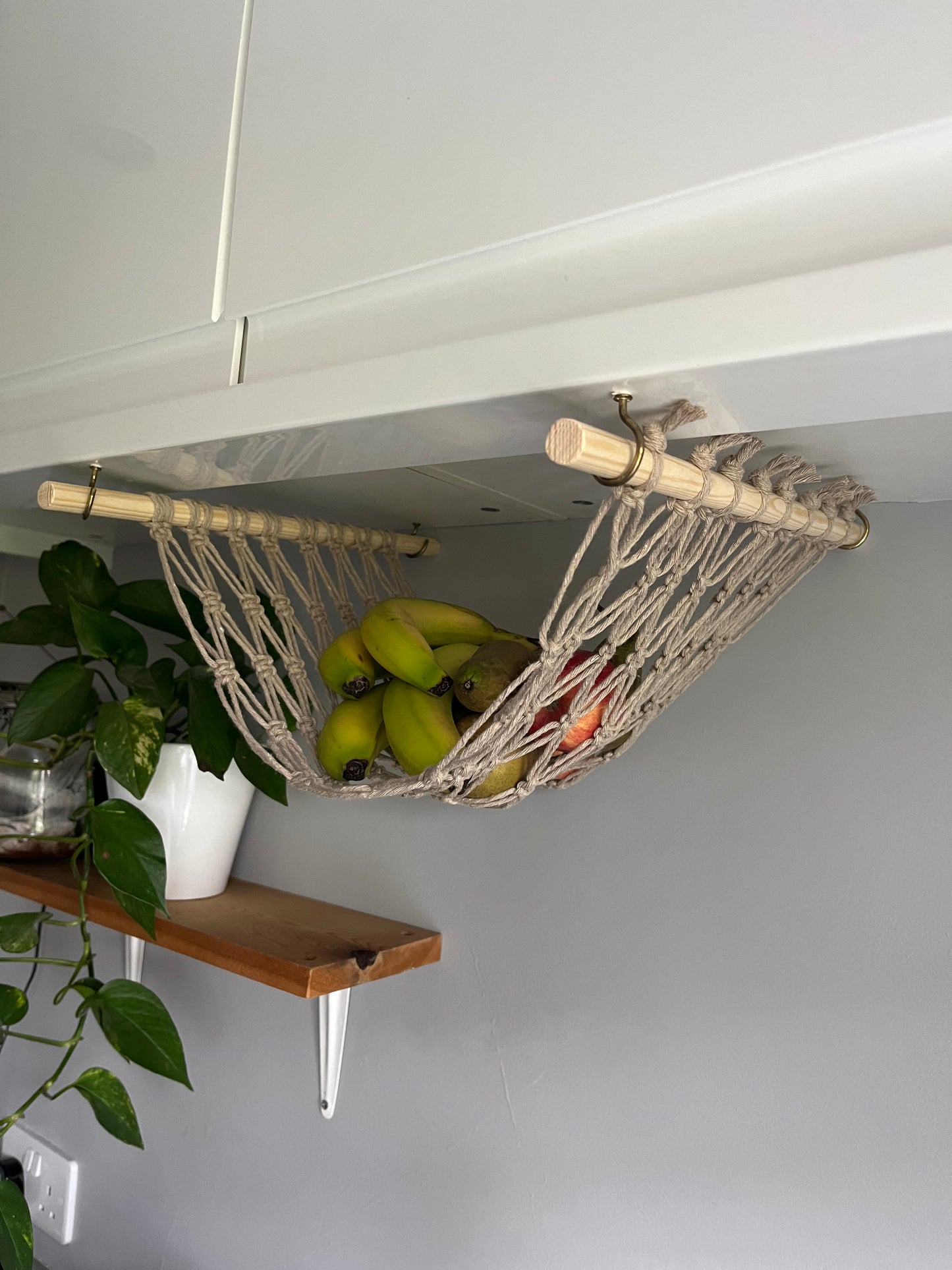 Under cabinet kitchen space saving hanging fruit basket hammock