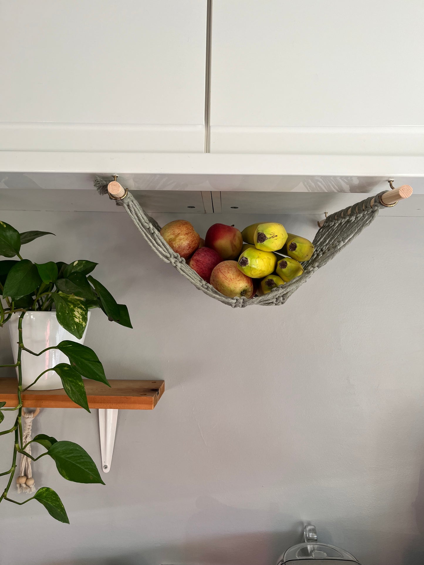 Under cabinet kitchen space saving hanging fruit basket hammock