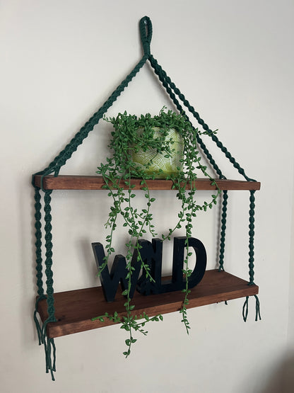 Macramé Double Hanging Shelf with Rosewood Pine Wood