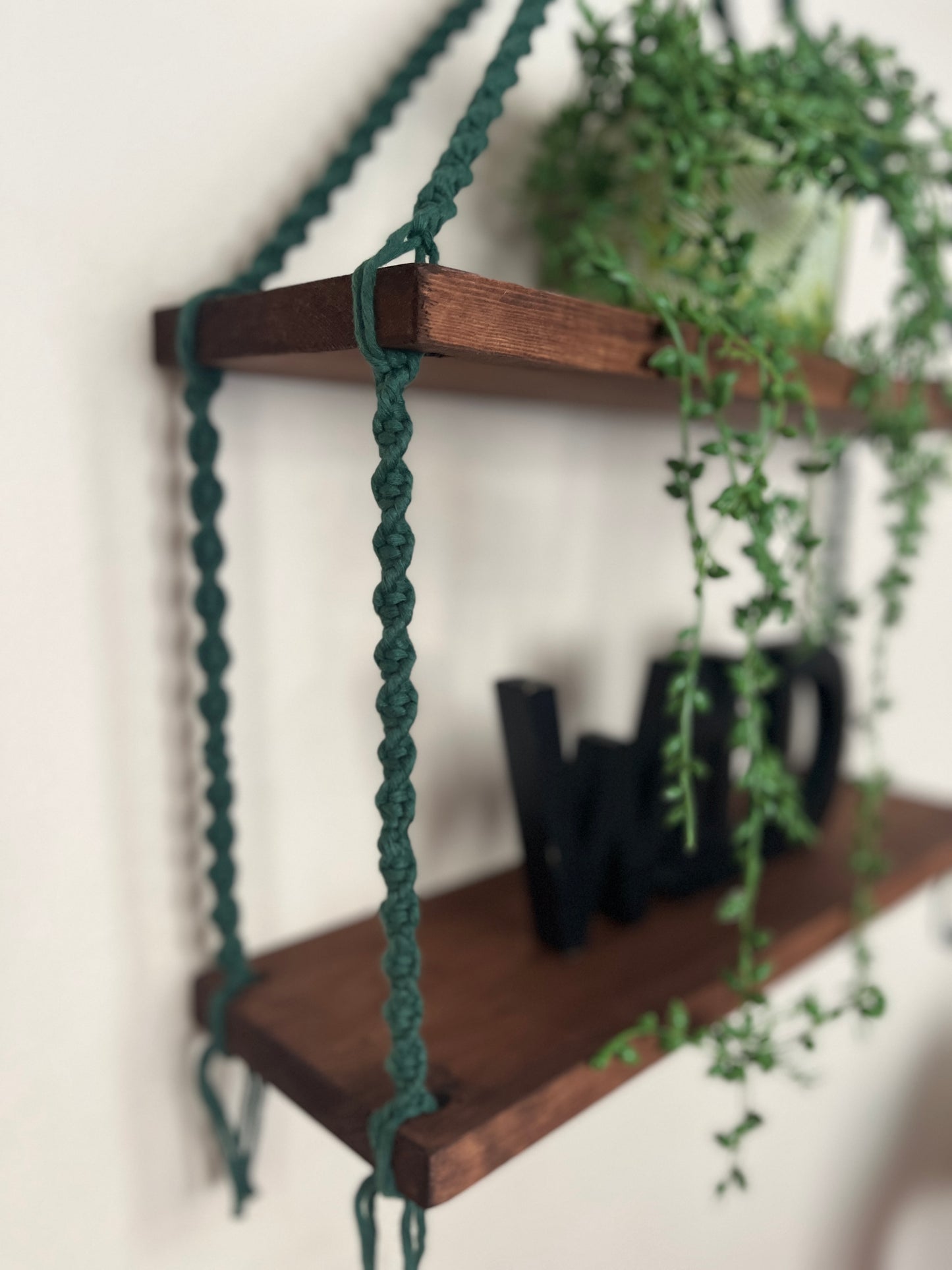 Macramé Double Hanging Shelf with Rosewood Pine Wood