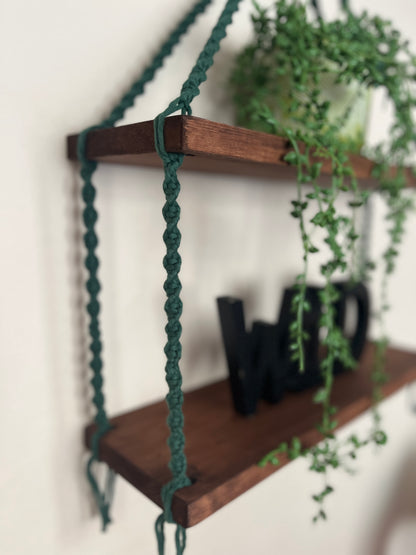 Macramé Double Hanging Shelf with Rosewood Pine Wood