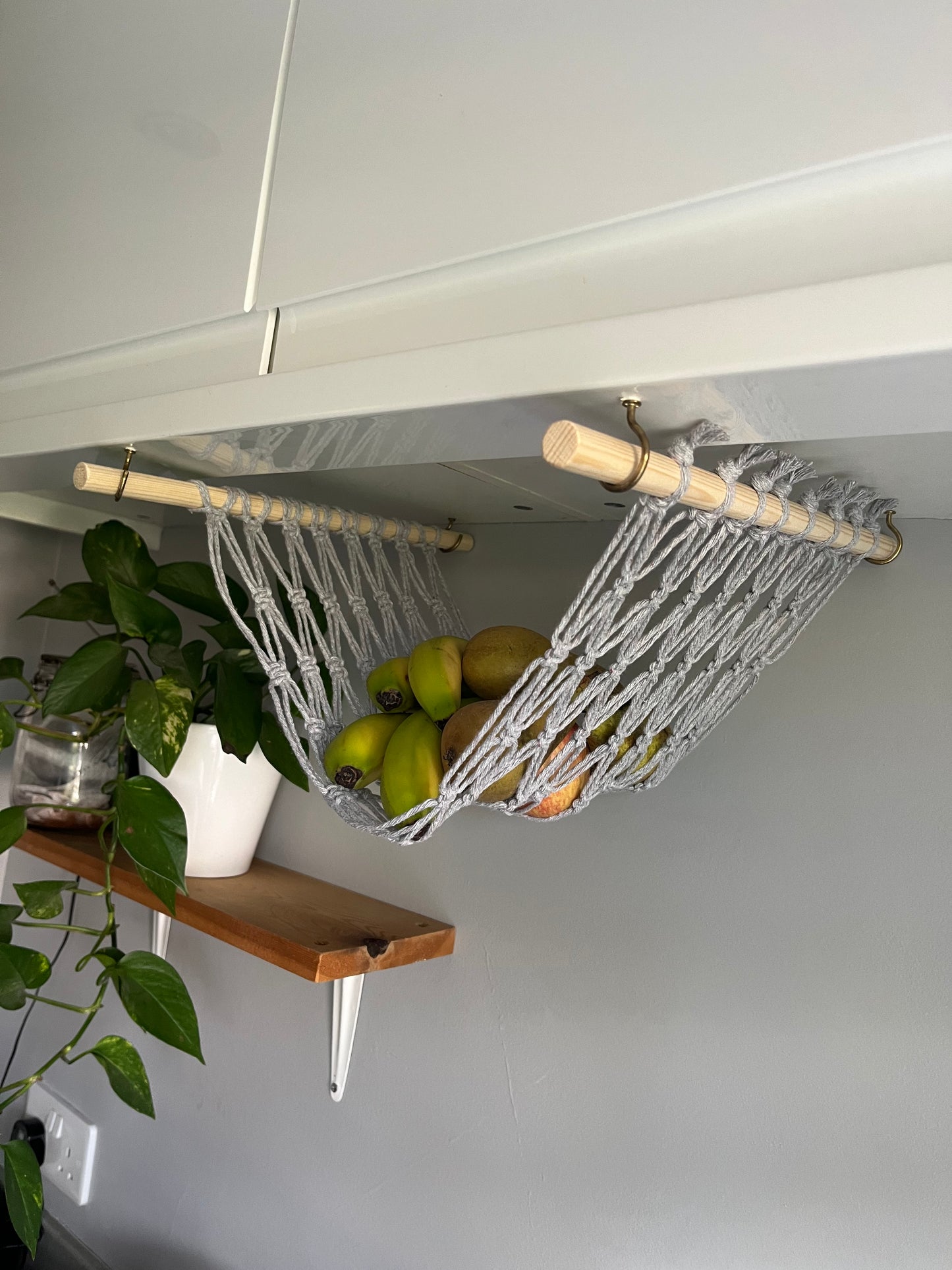 Under cabinet kitchen space saving hanging fruit basket hammock