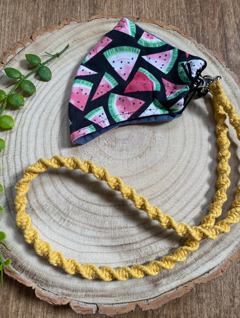 Macra-Made With Love face mask lanyard mustard attached 