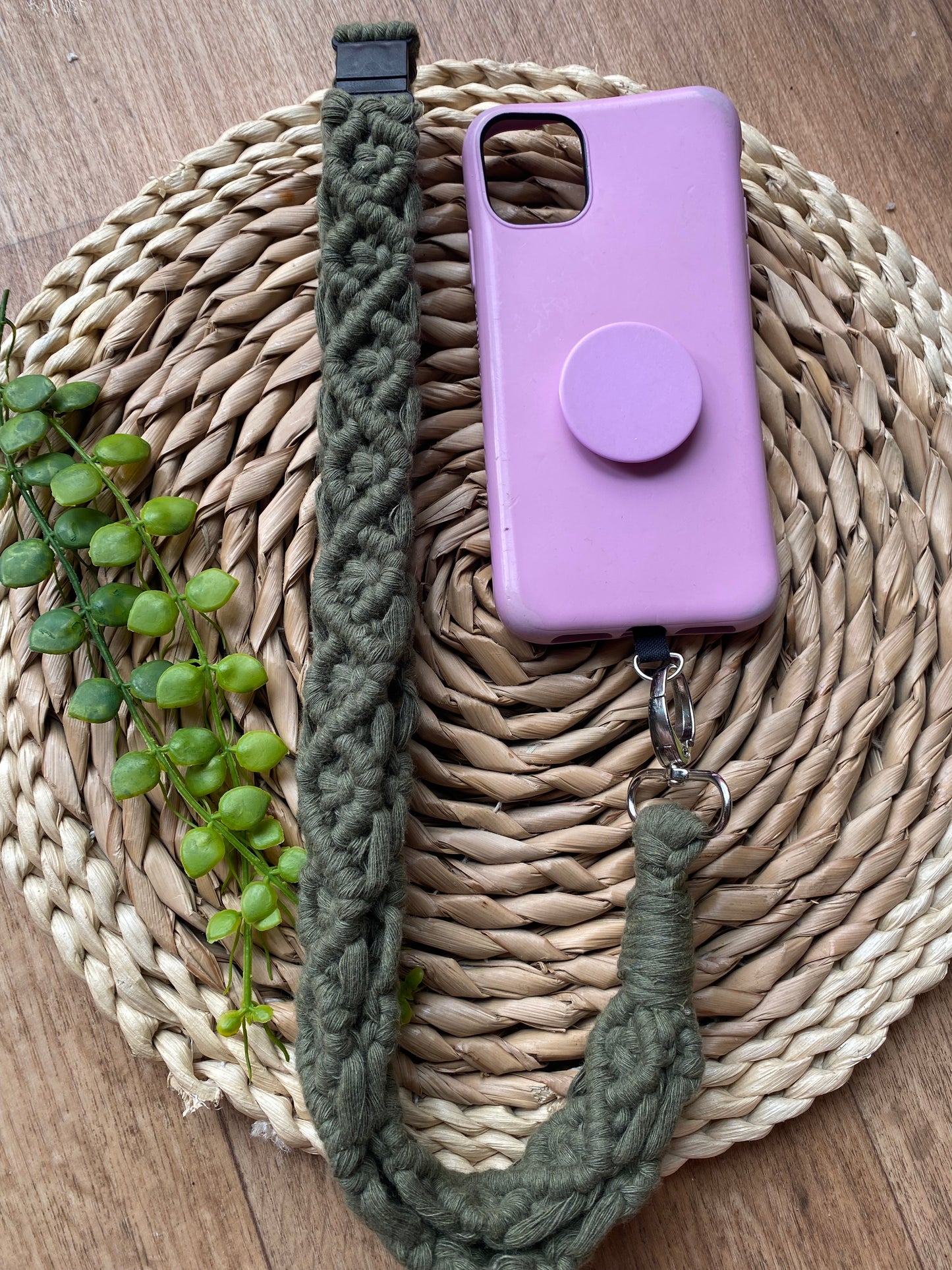 Macra-Made With Love chunky phone lanyard olive green top down