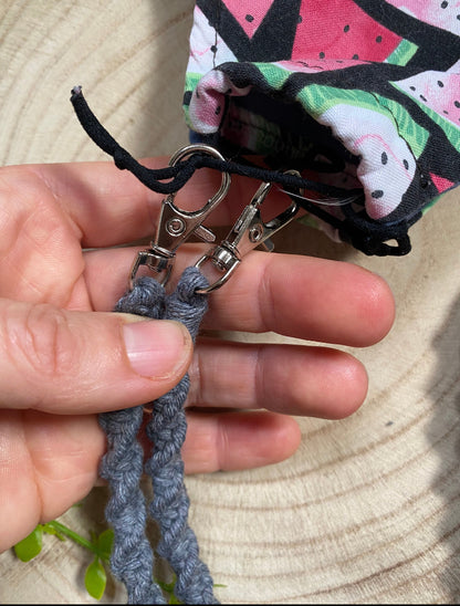 Macra-Made With Love face mask lanyard grey clasps in hand 