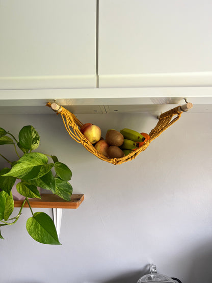 Under cabinet kitchen space saving hanging fruit basket hammock