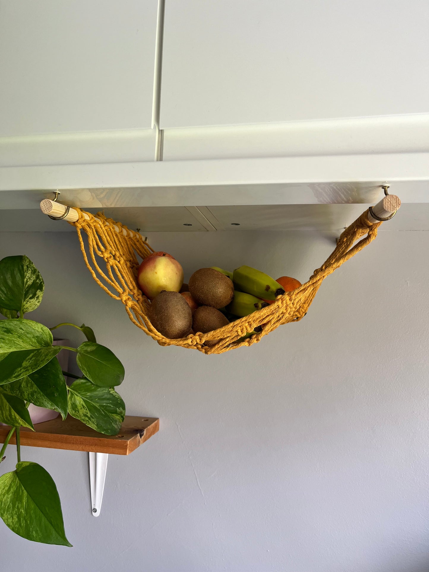 Under cabinet kitchen space saving hanging fruit basket hammock