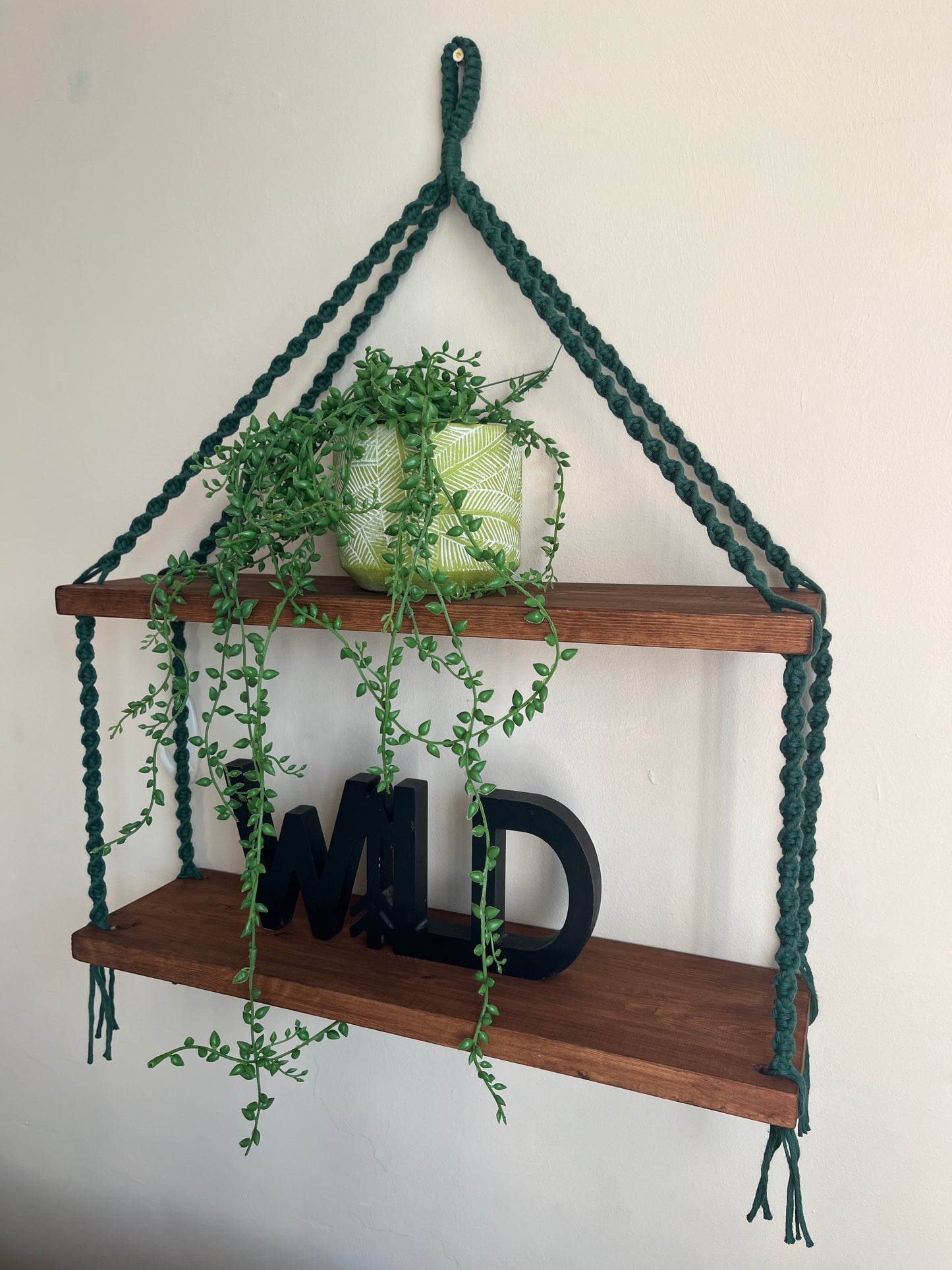 Macramé Double Hanging Shelf with Rosewood Pine Wood