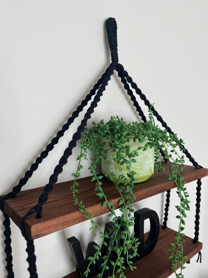Macramé Double Hanging Shelf with Rosewood Pine Wood