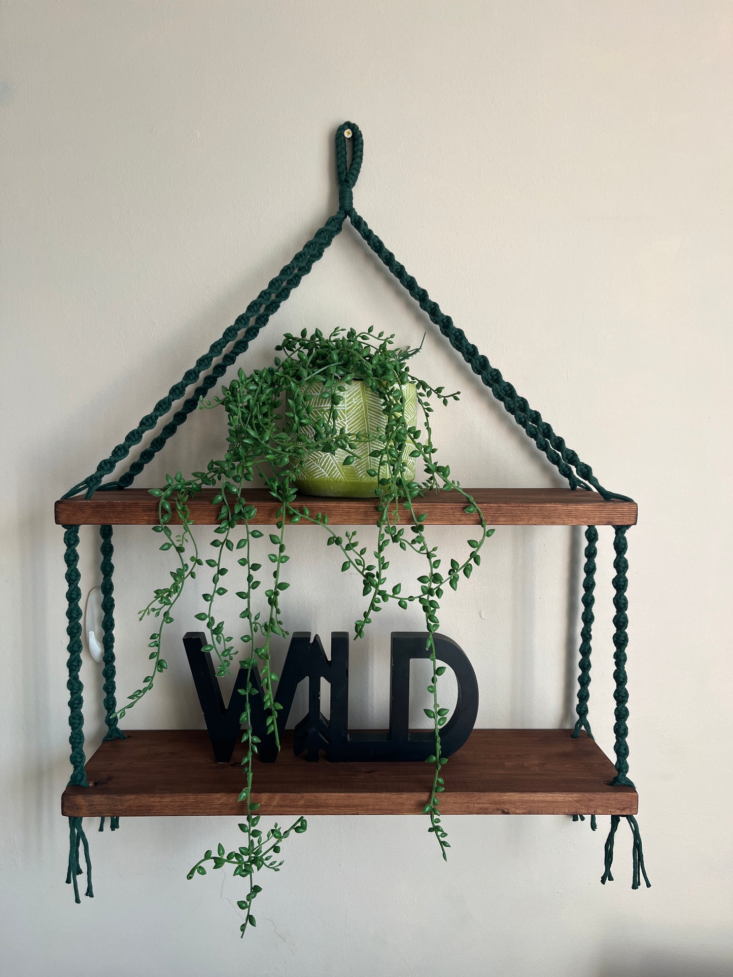 Macramé Double Hanging Shelf with Rosewood Pine Wood