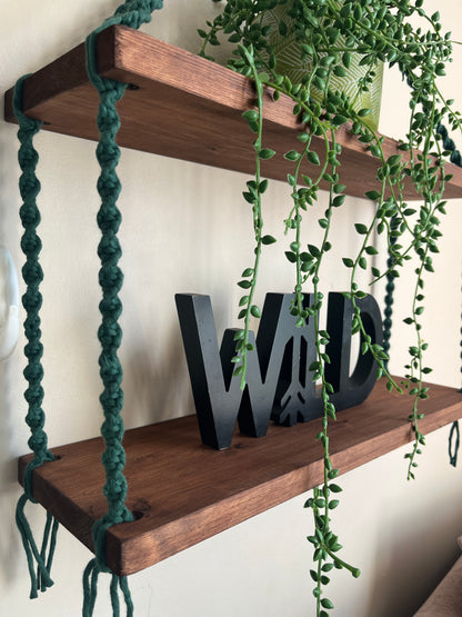 Macramé Double Hanging Shelf with Rosewood Pine Wood