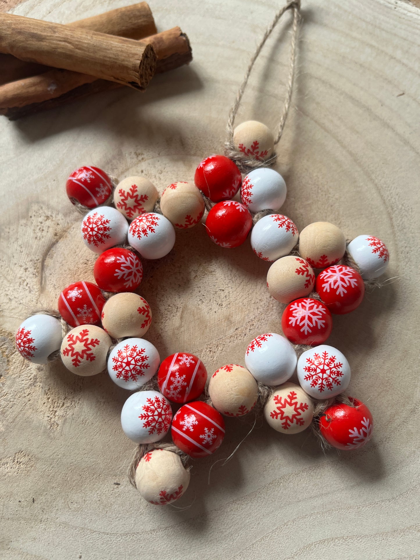 Jute Star Christmas Ornament – Red & White Wooden Beads