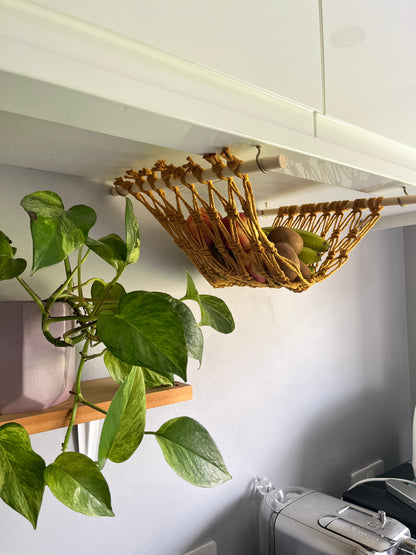 Under cabinet kitchen space saving hanging fruit basket hammock