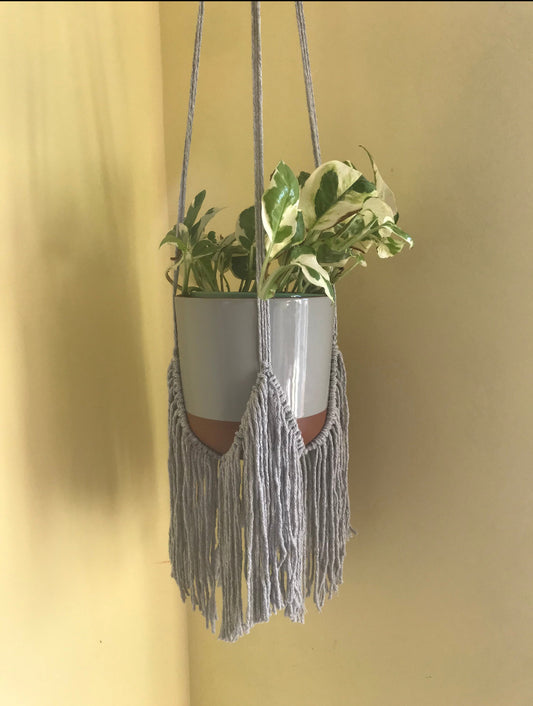 Macra-Made With Love fringed macrame plant hanger grey bottom