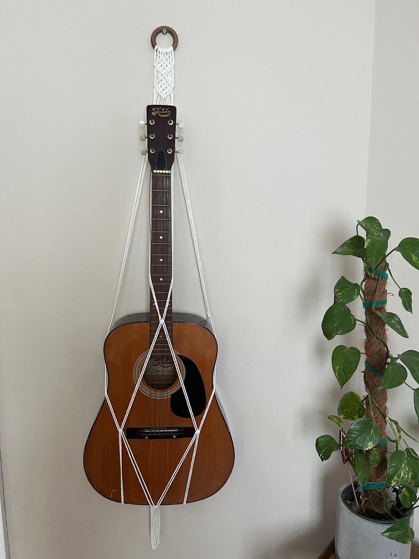 A brown acoustic guitar hangs vertically on a Macra-Made-With-Love Guitar wall mount attached to a light-colored wall. To the right, a green potted plant with a cylindrical coir moss stick adds a touch of nature to this boho chic home decor scene.