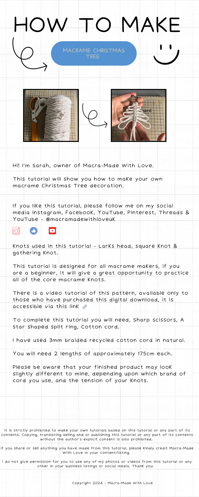 The Macrame Christmas Tree tutorial - PDF pattern + video by Macra-Made-With-Love provides a detailed visual guide for crafting a macrame Christmas tree. It includes step-by-step instructions, lists the necessary materials such as neutral-colored cords, scissors, a tape measure, and a macrame board, covers various knot types, and offers social media links for additional DIY macrame inspiration.