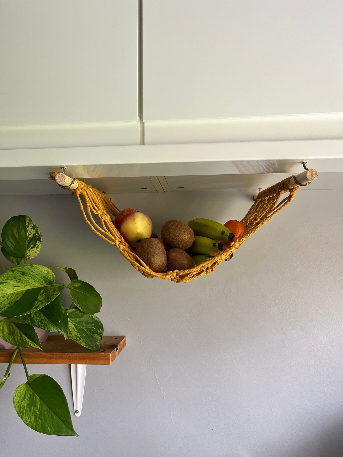 Under cabinet kitchen space saving hanging fruit basket hammock