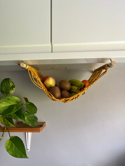 Under cabinet kitchen space saving hanging fruit basket hammock