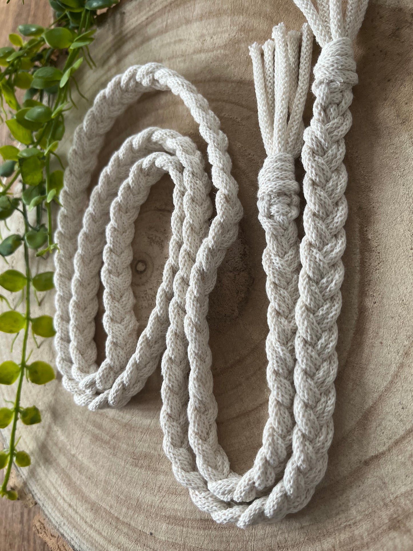 A long, braided macrame belt with tasseled ends is neatly laid out on a wooden surface. To the left of the Braided macrame belt from Macra-Made-With-Love, a small green plant with round leaves is partially visible, enhancing the natural and rustic feel of this eco-friendly waist accessory.