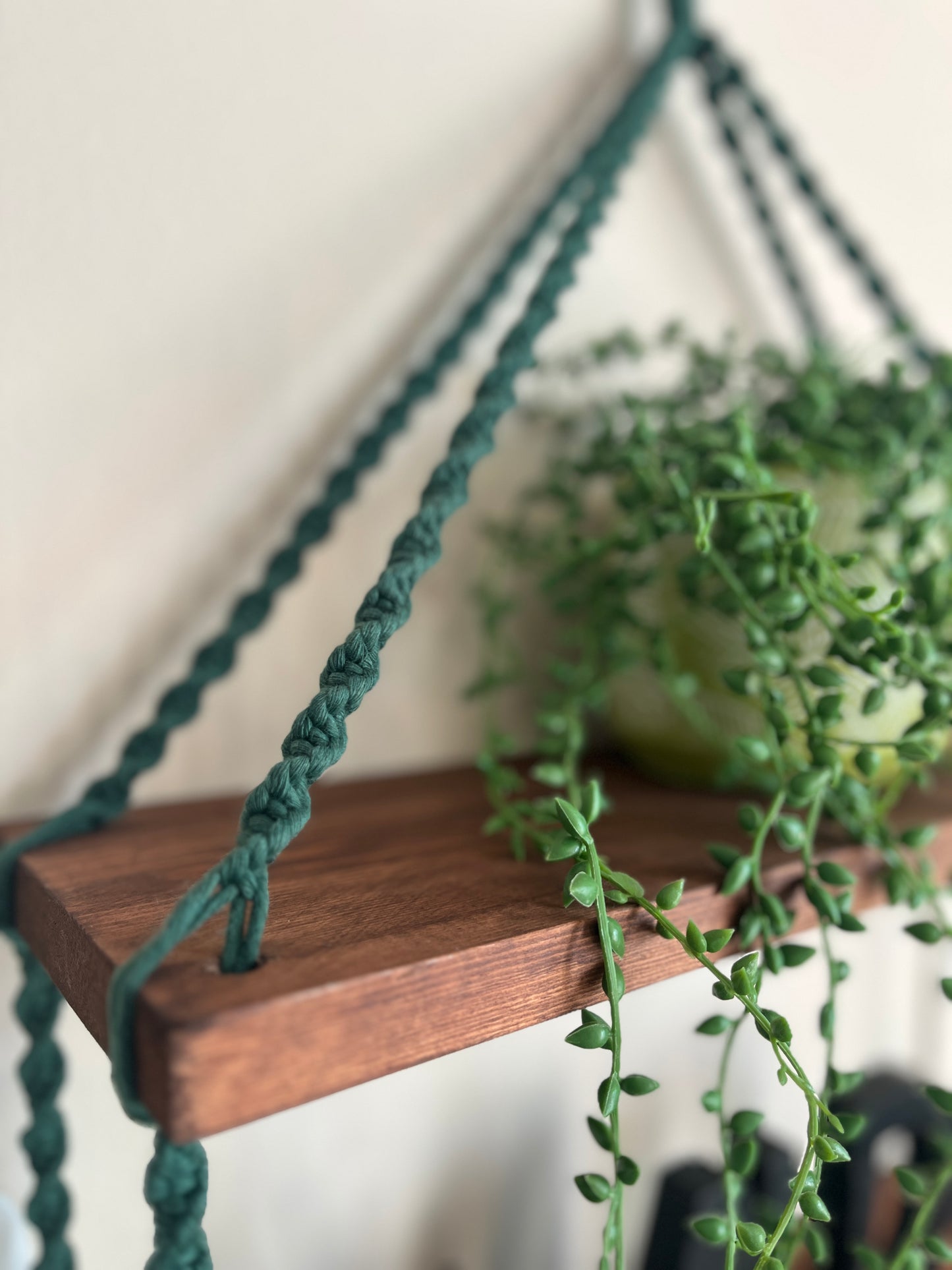 Macramé Double Hanging Shelf with Rosewood Pine Wood