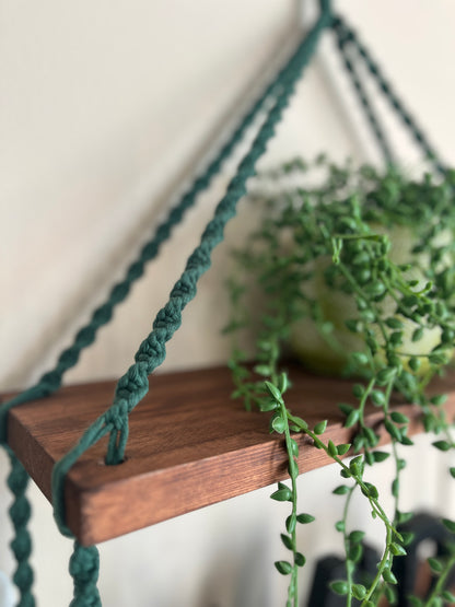 Macramé Double Hanging Shelf with Rosewood Pine Wood