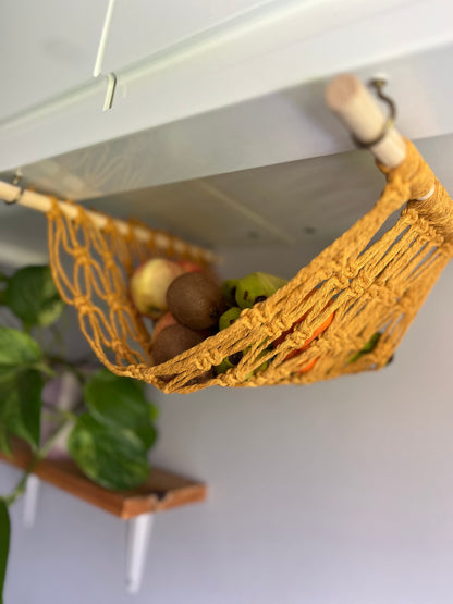 Under cabinet kitchen space saving hanging fruit basket hammock