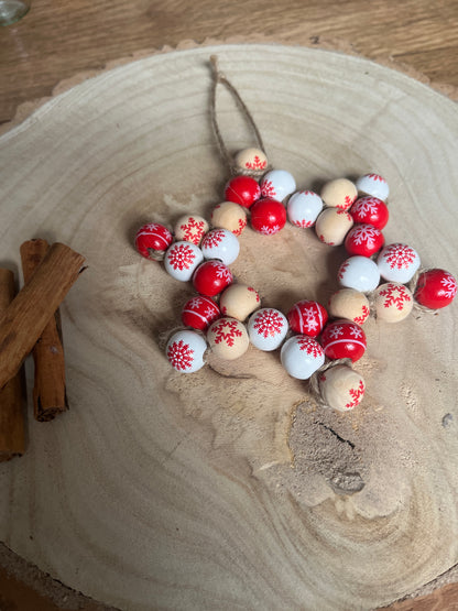 Jute Star Christmas Ornament – Red & White Wooden Beads