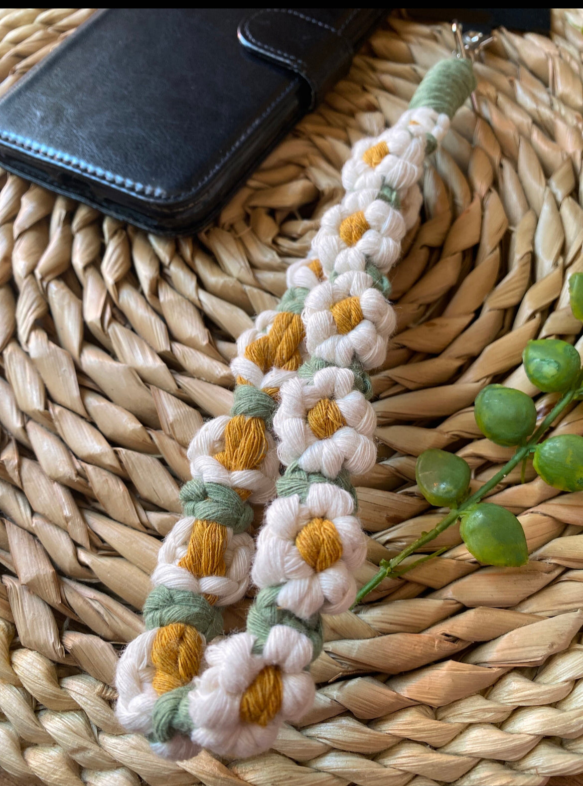 Handmade Daisy Chain Phone Charm Wristlet - Eco-Friendly Recycled Cotton Phone Strap